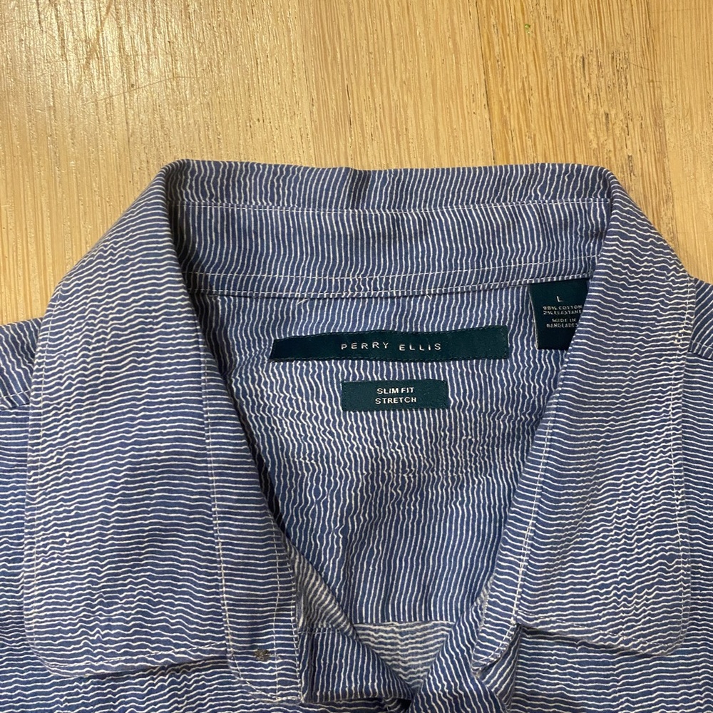Perry Ellis Navy Blue and White Minimal Stripes Slim Fit Stretch Large Shirt